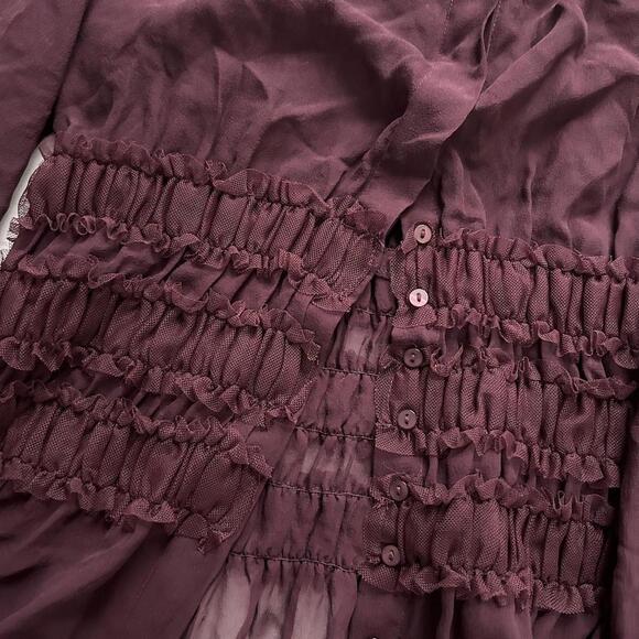 Moda international sheer silk Burgundy Y2K ruffle waist blouse long sleeves - Picture 4 of 8
